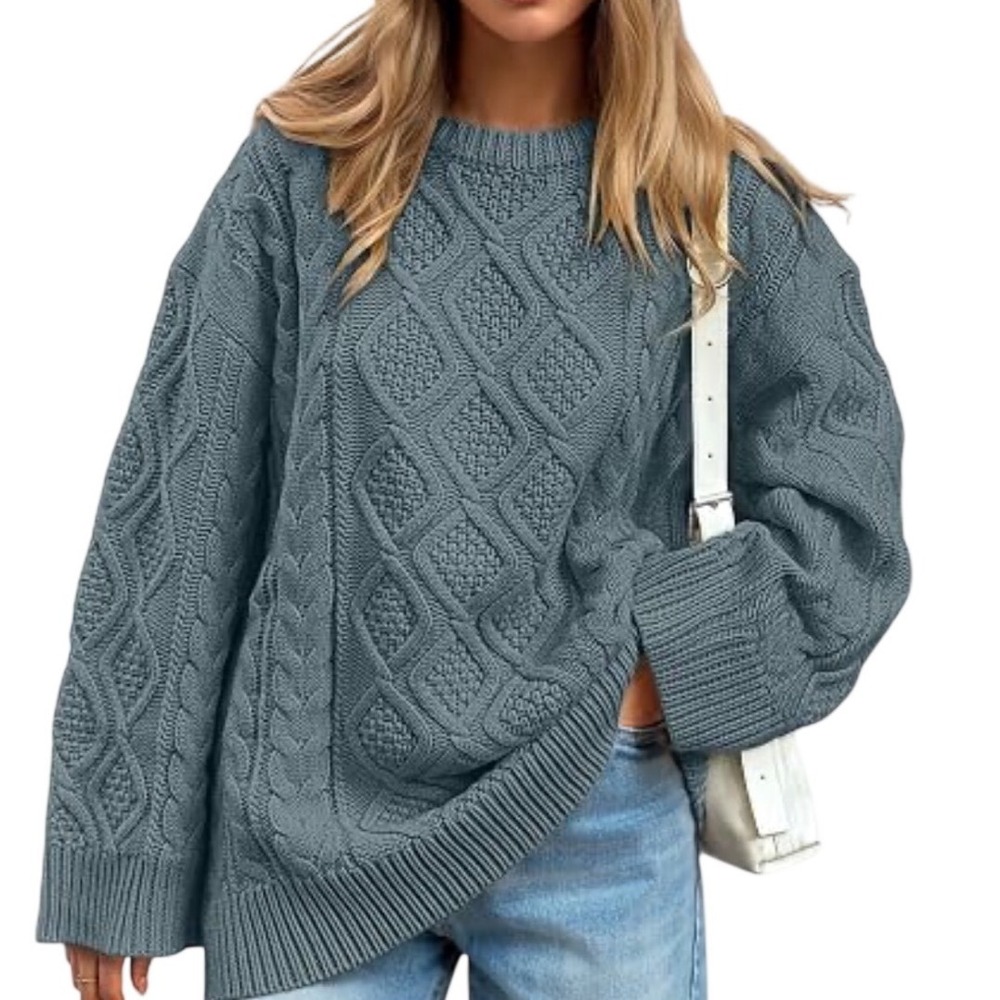 Trendy Queen Sweater S Blue Gray Cable Knit Oversized Crew Neck Minma Neutral